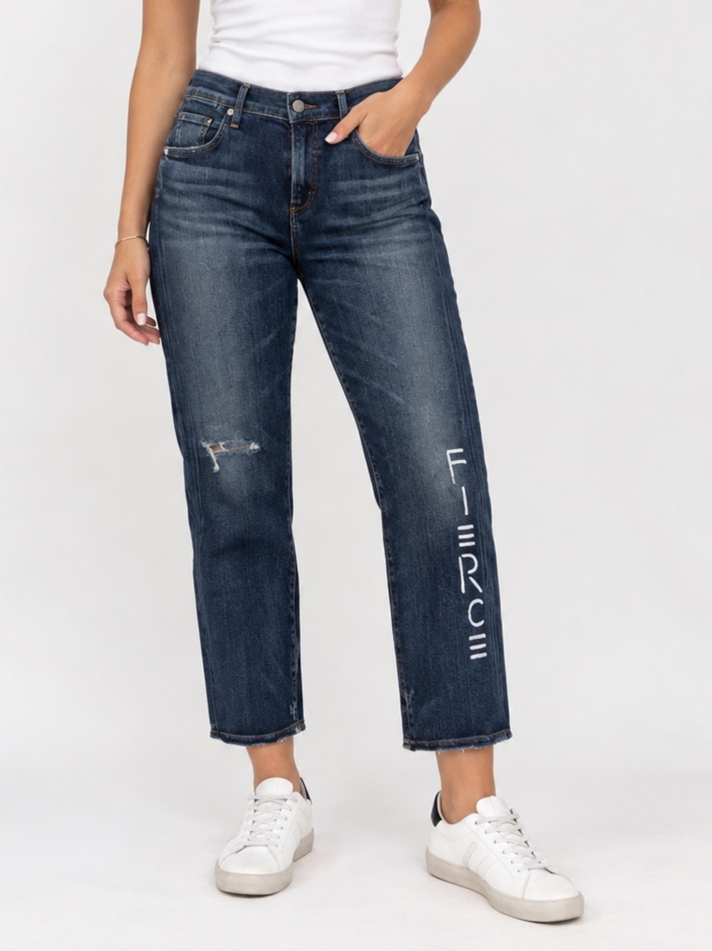 Agolde Slim Straight Jeans in Dark Wash Cropped Length Fierce Graphic Size 27